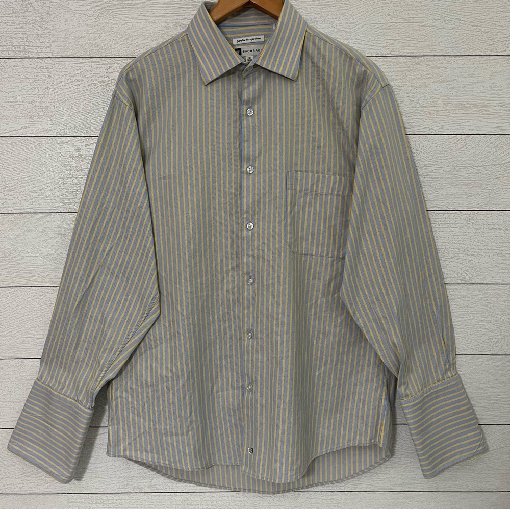 Bachrach Men's Blue and Yellow Striped Button Down Shirt Size 16-32/33